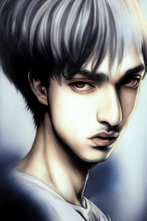 Image similar to beautiful medium shot manga portrait of mahmood inspired by ayami kojima with short hair dressed with a white t - shirt, white background white bank studio light, art by yoshitaka amano and shingo tamagawa, sharp focus, high quality, 8 k