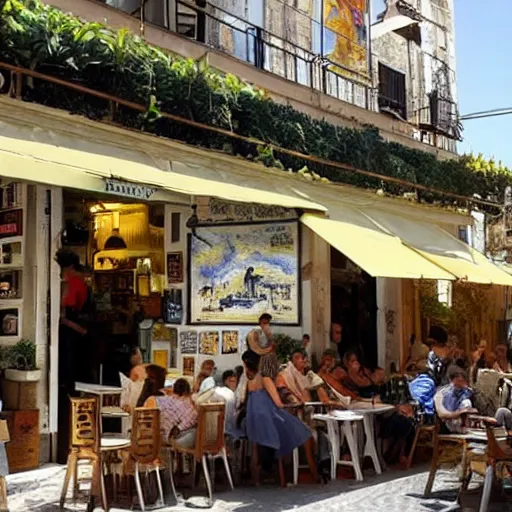 Image similar to a sunlit cafe in Tel Aviv, busy, daytime, in the style of Vincent Van Gogh