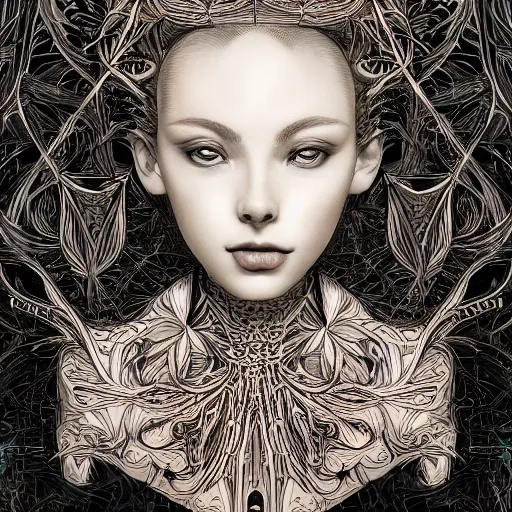 Image similar to the portrait of an absurdly beautiful, graceful, elegant, and sophisticated young woman made of garlic bulbs, an ultrafine detailed illustration by james jean, intricate linework, bright colors, final fantasy, behance contest winner, vanitas, angular, altermodern, unreal engine 5 highly rendered, global illumination, radiant light, detailed and intricate environment