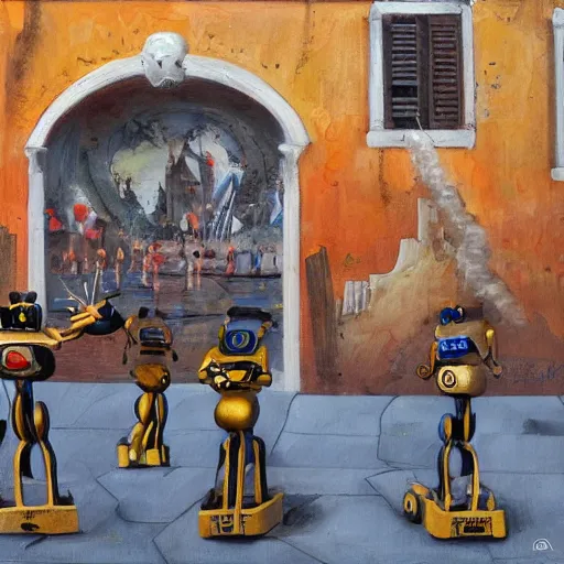 Image similar to a 1 8 th painting of a humanoid robots invasion in venice