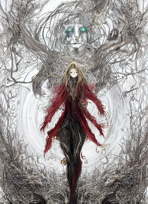 Image similar to glowing silver and golden elements, portrait, A beautiful dark witch in front of the full big moon, book cover, green forest, red white black colors, establishing shot, extremly high detail, foto realistic, cinematic lighting, pen and ink, intricate line drawings, by Yoshitaka Amano, Ruan Jia, Kentaro Miura, Artgerm, post processed, concept art, artstation, matte painting, style by eddie, raphael lacoste, alex ross