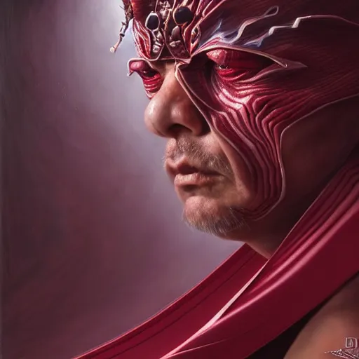 Image similar to chaotic burgundy satin ribbons instead of skin build image of dangerous agressive mystic face, moebius, bao pham, donato giancola, larry elmore, masterpiece, trending on artstation, featured on pixiv, cinematic composition, beautiful lighting, sharp, details, hyper - detailed, hdr, 4 k, 8 k