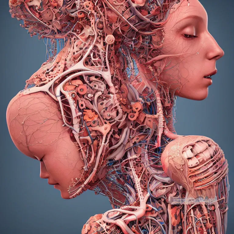 Image similar to portrait of beautiful!! symmetrical!! woman head with coral!! reef hair. torso, lungs, plates, biomechanical android. soft light painted by james jean and moebius!!! and erik jones, inspired by mary jane ansell, smooth face feature, intricate oil painting, high detail 3 d render, sharp high detail