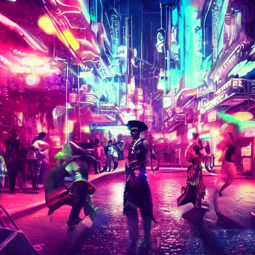 Prompt: pirate rave, buffet, celebration, photo realistic, 8k, artstation, Blade runner, neon signs in the distance, dark, cinematic, high contrast, epic