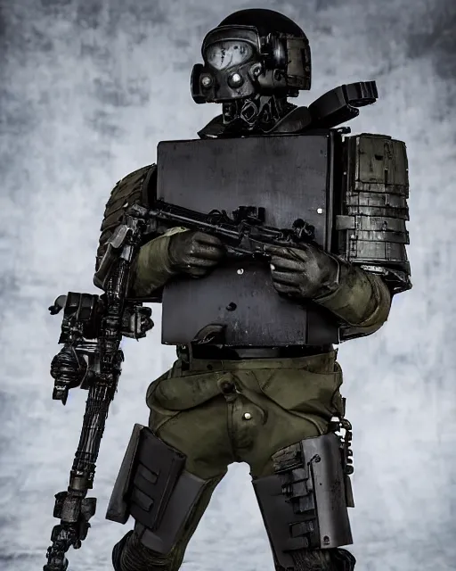 Image similar to Korean Actor Park Solomon as a Kerberos Panzer Cop in Live Action Jin Roh: The Wolf Brigade, wearing full Kerberos Panzer Cop armor and holding his MG 42 machine Gun, Studio Lighting, shot in the Style of Annie Leibovitz, Mamoru Ushii