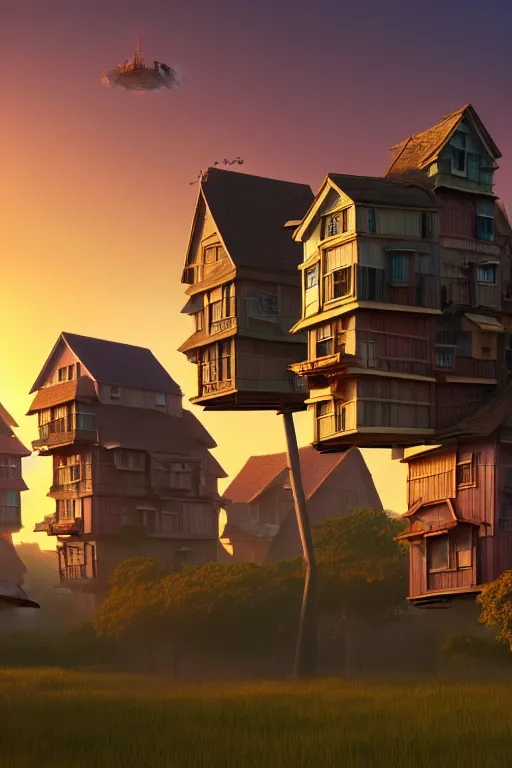 Image similar to stacked houses, solarpunk, golden hour, studio ghibli, jean - baptiste monge, octane render, 4 k