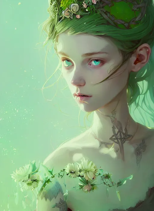 Image similar to portrait of cute fairy girl with crown of flowers covered with celtic rune tattoos, fantasy, by atey ghailan, by greg rutkowski, by greg tocchini, by james gilleard, by joe gb fenton, by kaethe butcher, dynamic lighting, gradient light green, brown, blonde cream and white color in scheme, grunge aesthetic