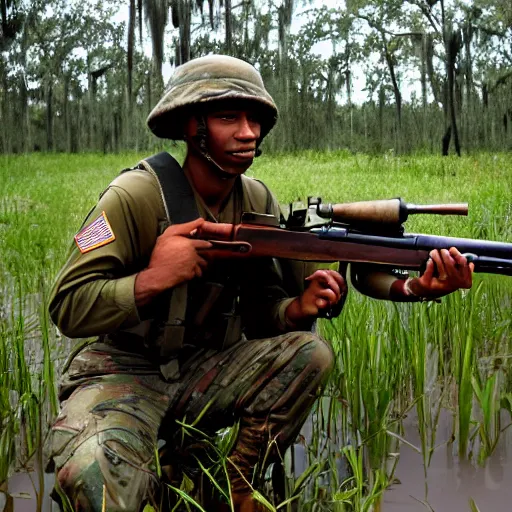 Image similar to american soldier in the swamps of louisiana in the 1 9 5 0 s holding an m 1 garand photograph