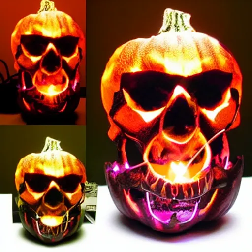 Image similar to a demonic skull sculpted into a lighted pumpkin, highly detailed, realistic, photo