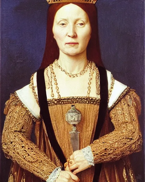 Prompt: “ a portrait of a tudor noblewoman holding a dagger by andrey shishkin, oil and tempera on oak ”