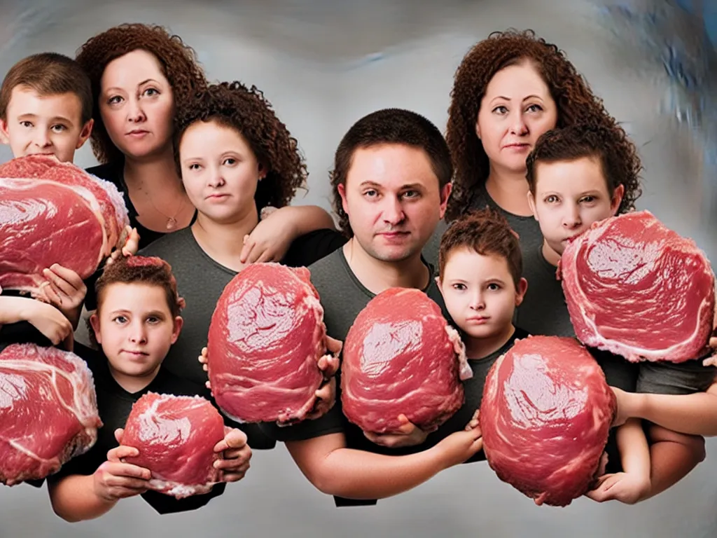 Prompt: portrait of a family having been sewn together and compressed and moulded into a levitating spheroid of meat. perfectly composed, beautiful studio lighting and impeccable focus.