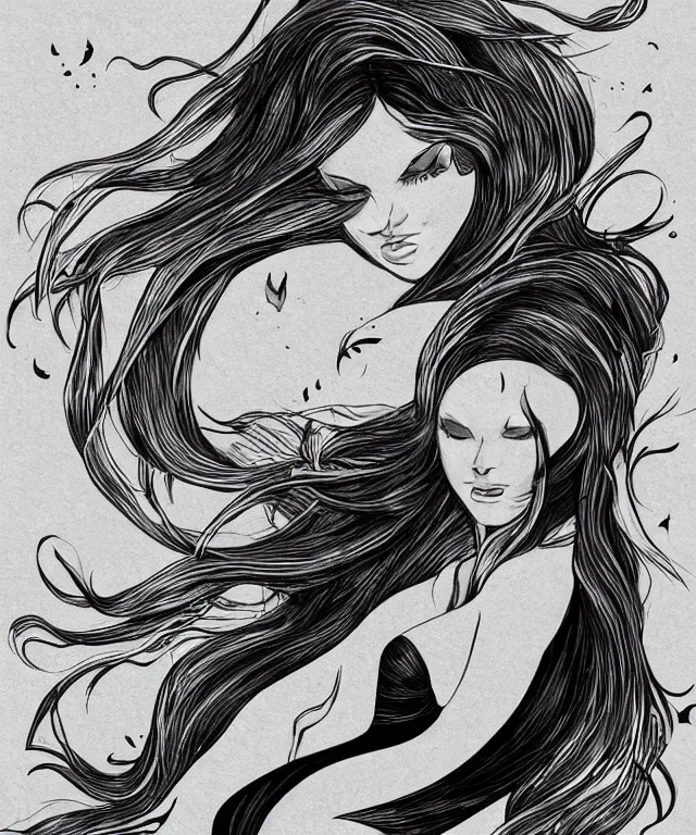 Image similar to black and white illustration, creative design, dark fantasy, concept art, beautiful mermaid, full body, swimming in ocean, fish tail bikini top flowing hair