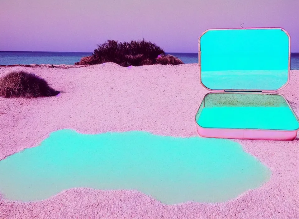 Image similar to a pastel coloured vintage family holiday photo of an empty beach from an alien dreamstate world with chalky pink iridescent!! sand, reflective lavender ocean water, dim bioluminescent plant life and an igloo shaped shiny plastic transparent festival stage and translucent festival box speakers!!. glare. refraction, volumetric light.