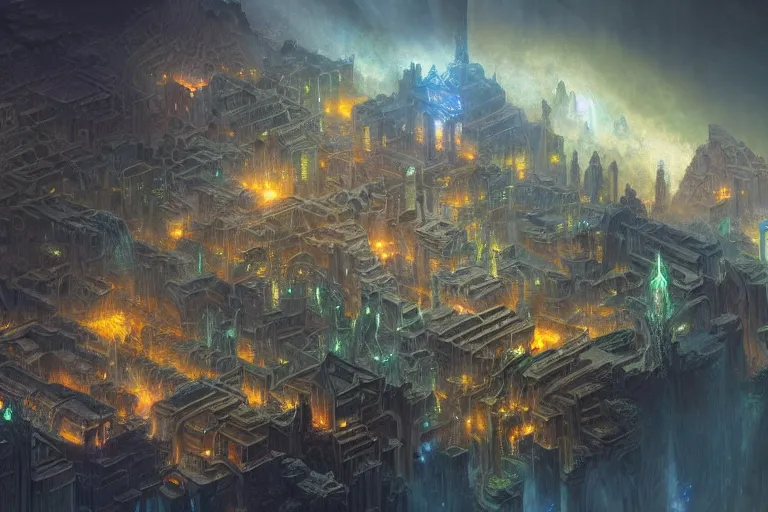 Image similar to an intricate matte painting of an epic galactic isometric megadungeon map played by the gods , highly detailed iridescent dimly lit exterior with shafts of iridescent light bouncing off magical realms, by Christophe Vacher and Bastien Lecouffe-Deharme, trending on artstation