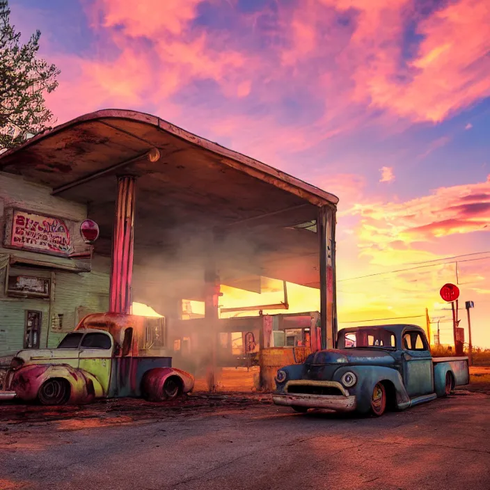 Image similar to a sunset light landscape with historical route 6 6, lots of sparkling details and sun ray ’ s, blinding backlight, smoke, volumetric lighting, colorful, octane, 3 5 mm, abandoned gas station, old rusty pickup - truck, beautiful epic colored reflections, very colorful heavenly, softlight