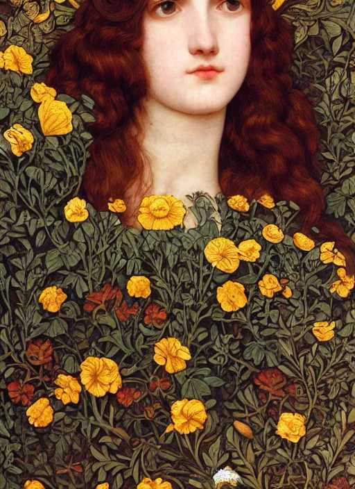 Image similar to masterpiece beautiful seductive flowing curves preraphaelite face portrait amongst flowers, extreme close up shot, straight bangs, thick set features, yellow ochre ornate medieval dress, laying amongst foliage mushroom forest circle arch, frederic leighton and kilian eng and rosetti and preraphaelites, william morris, 4 k