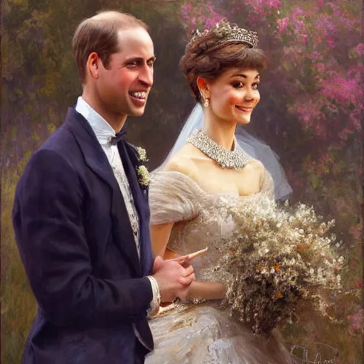 Image similar to detailed painting of attractive prince william marrying attractive audrey hepburn, highly detailed painting by gaston bussiere, craig mullins, j. c. leyendecker 8 k, smiling couple, royal painting, human face