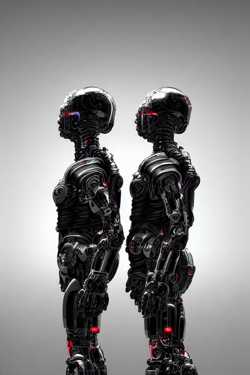 Prompt: vibrant ultra clear sideview waist up portrait of cybernetic twins, twins cyborg by laurie greasley rene magritte gustave dore, low contrast, cinematic dramatic lighting, hyper realistic detailed intricate render, hypermaximalist, ornate, epic composition, 4 k 8 k, octane blender, sharp focus, concept art, masterpiece award winning