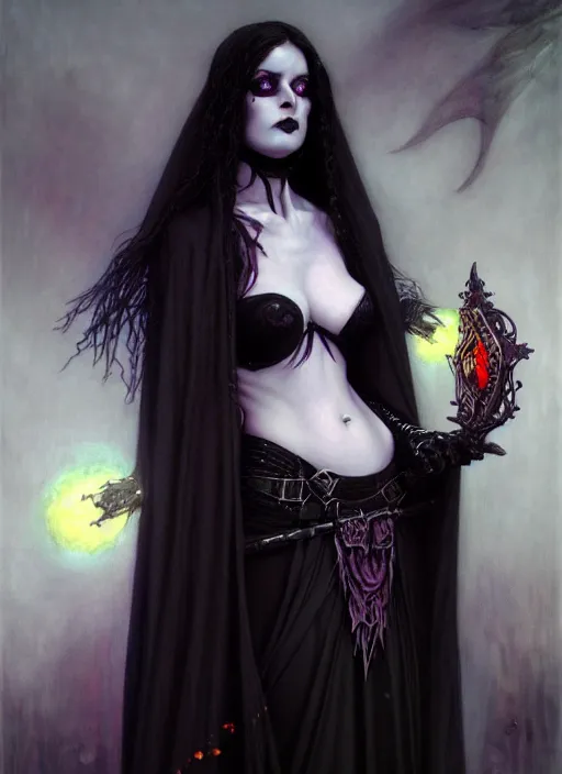 Prompt: female goth necromancer, robes, full body, hyper realistic, extremely detailed, dnd character art portrait, dark fantasy art, intricate fantasy painting, dramatic lighting, vivid colors, deviantart, artstation, by edgar maxence and caravaggio and michael whelan and delacroix.