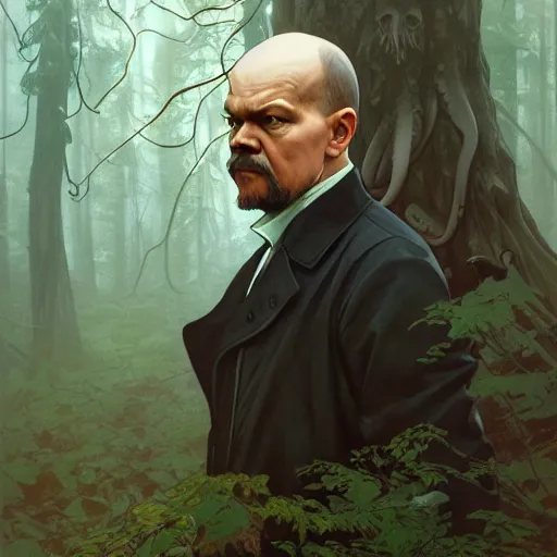 Image similar to photo of vladimir lenin is an octopus in the forest, highly detailed, digital painting, artstation, smooth, sharp focus, illustration, art by artgerm and greg rutkowski and alphonse mucha