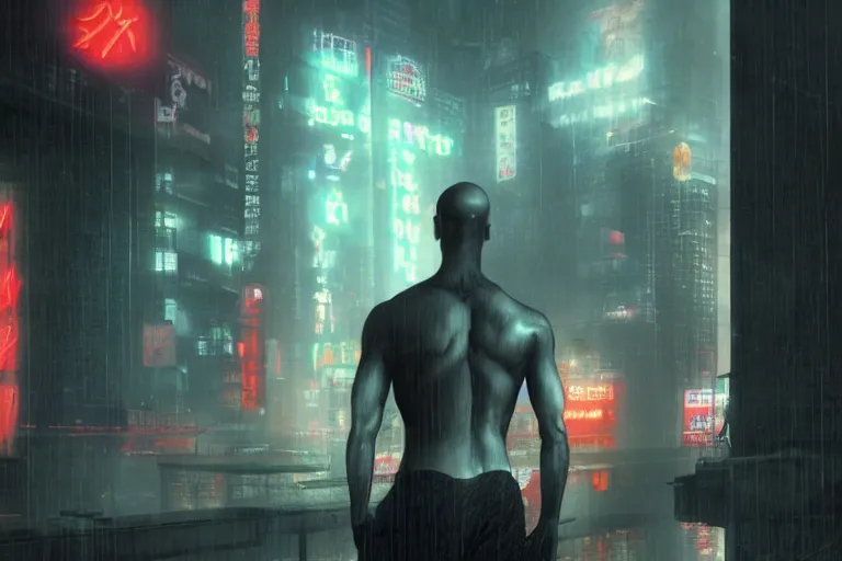 Image similar to roy batty with a bare torso sits in the lotus position with his head bowed in the rain on the roof of a building in the cyberpunk future, around neon signs, a little haze, night, realistic proportions, anime style ghost in armor