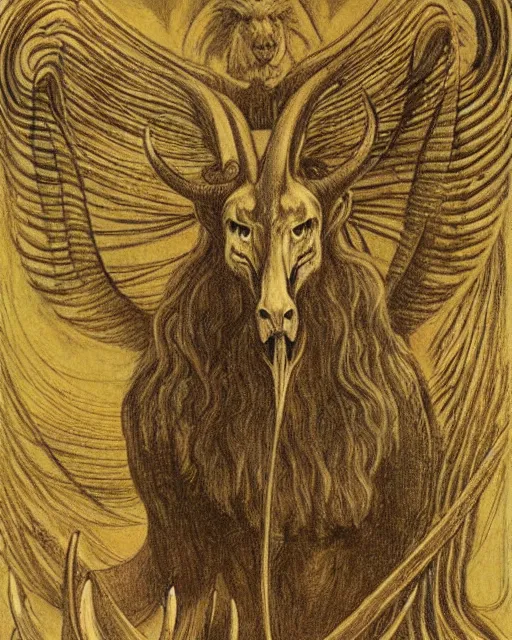 Image similar to a creature with the body and eyes of a man, with the beak of an eagle, the mane of a lion, and the horns of an ox. drawn by jean delville