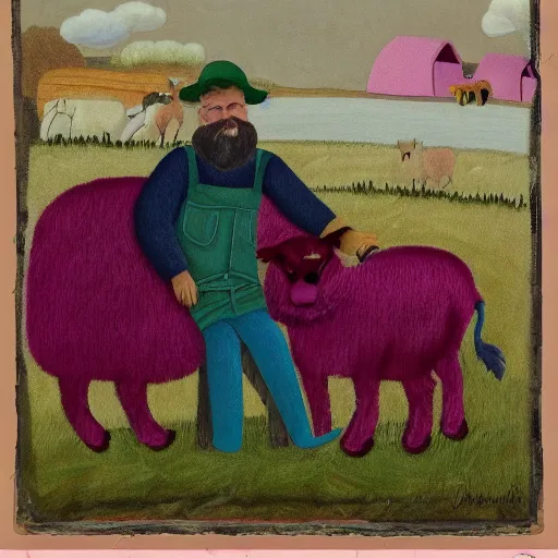 Prompt: a a farmer in a purple faux fur coat in very soft persian pink plush john deere with pluche