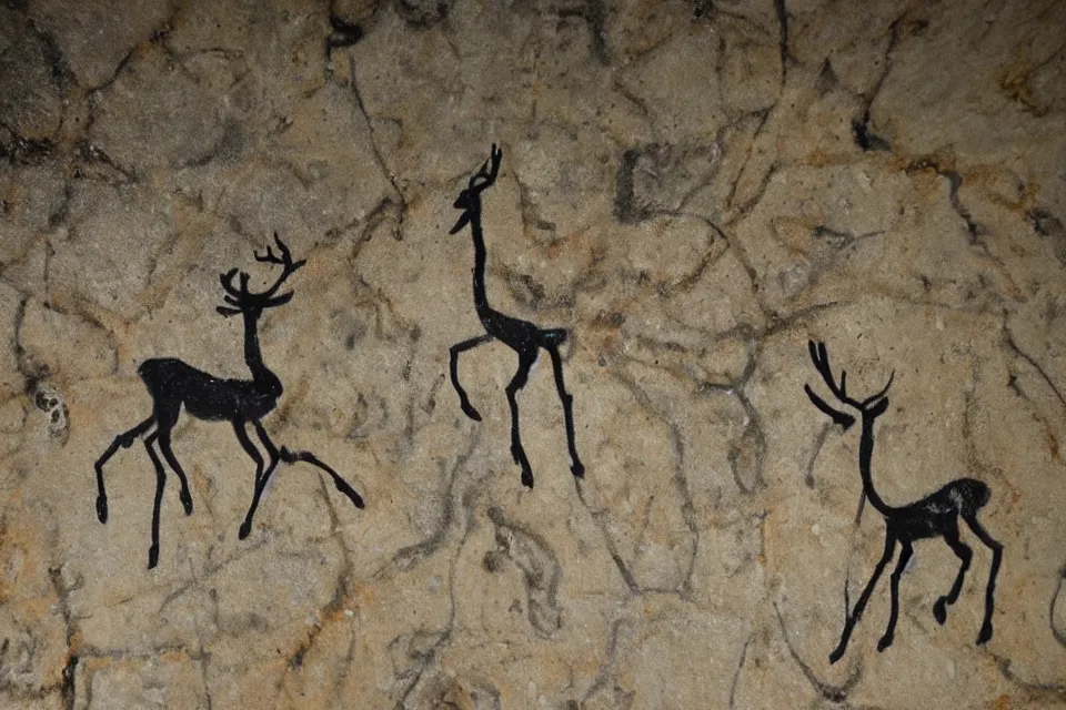 Prompt: a cave painting of a deer and a 1 9 5 0 s sci - fi robot. lascaux cave paintings, chauvet