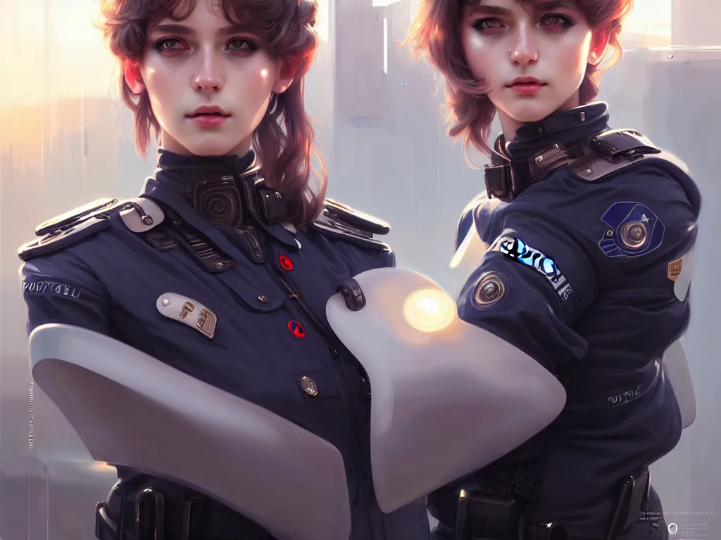 Prompt: portrait futuristic germany police uniform girl, at future neon light rooftop, ssci - fi and fantasy, intricate and very very beautiful and elegant, highly detailed, digital painting, artstation, concept art, smooth and sharp focus, illustration, art by tan zi and ayanamikodon and alphonse mucha and wlop