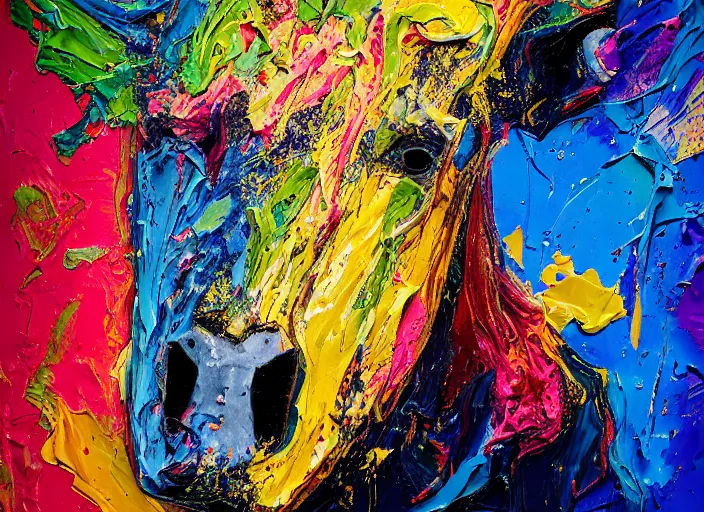 Prompt: abstract expressionist mid shot portrait of a horse made of very thick impasto paint and acrylic pour and coloured powder explosion and splashing paint and dripping paint and flying paint chunks, eyes closed or not visible, expressing strong emotions, art by antony micallef, motion blur, hyperrealistic, intricate art photography, anatomically correct, realistic crisp textures, 1 6 k