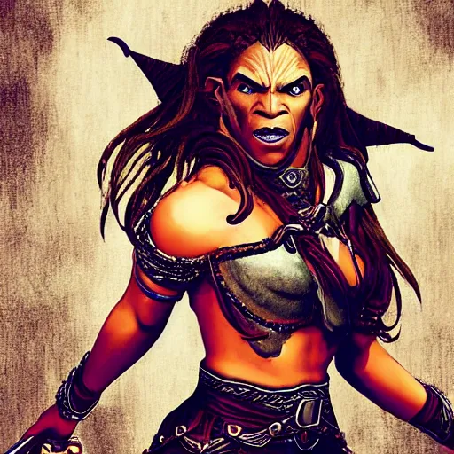 Image similar to How to be a Half-Orc Bard, by Beyonce.