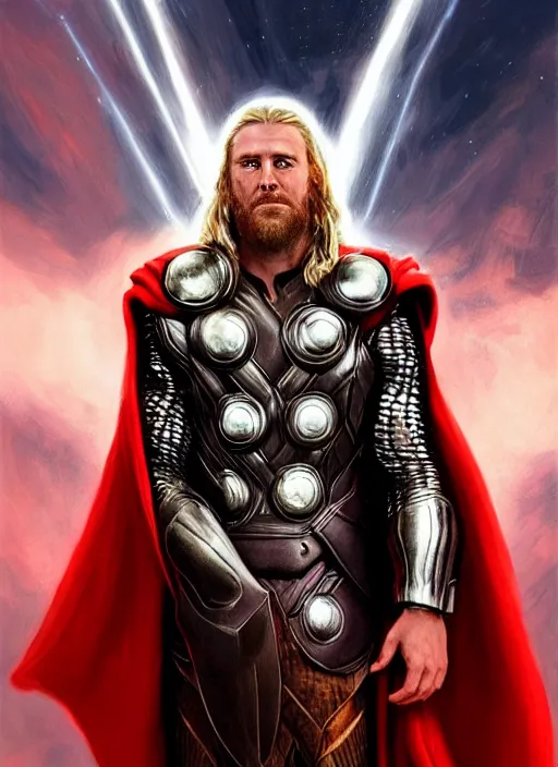 Image similar to detailed portrait of Thor wearing a cloak over his head, eyes on fire with celestial flames, a halo of shimmering color around him, future earth in the background, by Jason Jenicke and Jeremy Mann, intricate, beautiful, stylized, detailed, realistic, loose brush strokes, dramatic, enduring, captivating, Artstation