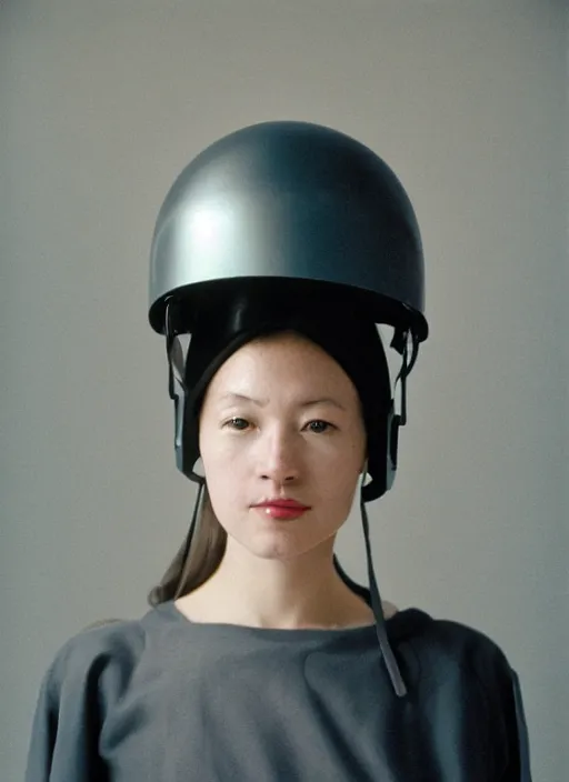 Image similar to a fashion portrait photograph of a woman wearing a helmet designed by tadao ando, 3 5 mm, color film camera,