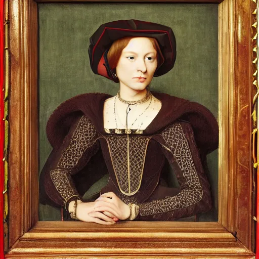 Image similar to a highly detailed portrait of taylor swift, wearing elegant tudor clothes, inside a room with thick red tapestries, oil painting by hans holbein and alessandro allori and richard burbage