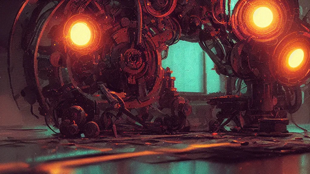 Image similar to a small machine conjuring!!!!!!! a picture!!!!! from noise, by lance wilkinson, greg rutkowski, and diego gisbert llorens, cinematic closeup!!, colorful, intricate, clean, hopeful, 8 k render, volumetric lighting