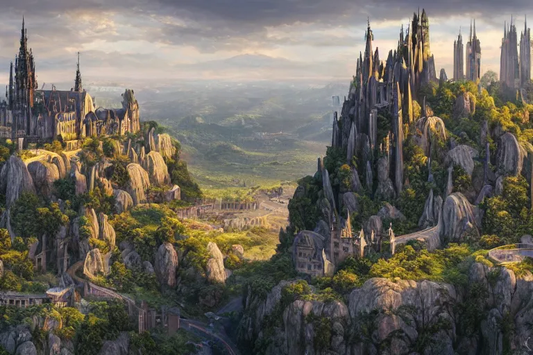 Image similar to an ultra detailed matte landscape painting of an german gothic capital city built into the side of a mountain with many tall spirally towers, sweeping vista, tiny coastal fishing village very far away, ultrawide lens, aerial photography, 8 k, volumetric lighting, smooth, highly detailed, digital illustration, art by greg rutkowski and akira toriyama and artgerm