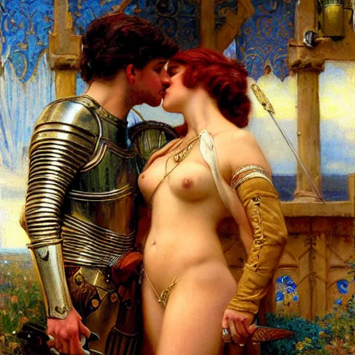 Image similar to attractive arthur pendragon confesses his love for his attractive knight. highly detailed painting by gaston bussiere and j. c. leyendecker 8 k