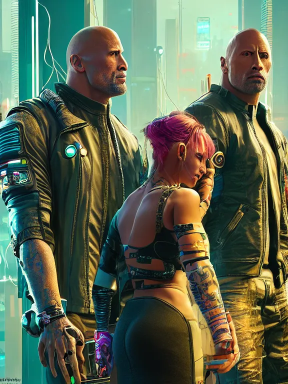 Image similar to a cyberpunk 2077 wedding portrait of Dwayne Johnson and a female android,complex mess of cables and wires behind them connected to giant computer,film lighting,by laurie greasley,Lawrence Alma-Tadema,William Morris,Dan Mumford, trending on atrstation,full of color,face enhance, highly detailed,8K, octane,golden ratio,cinematic lighting