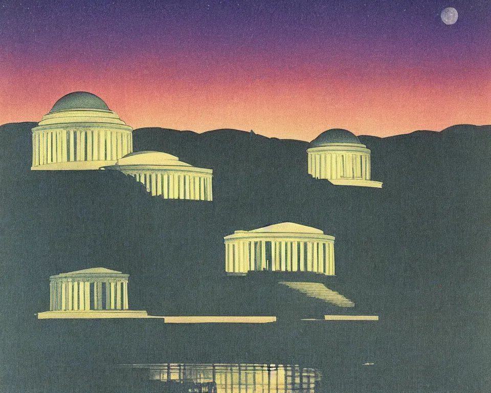 Image similar to beautiful print of the Jefferson Memorial bathed in moonlight by Hasui Kawase and Lyonel Feininger.