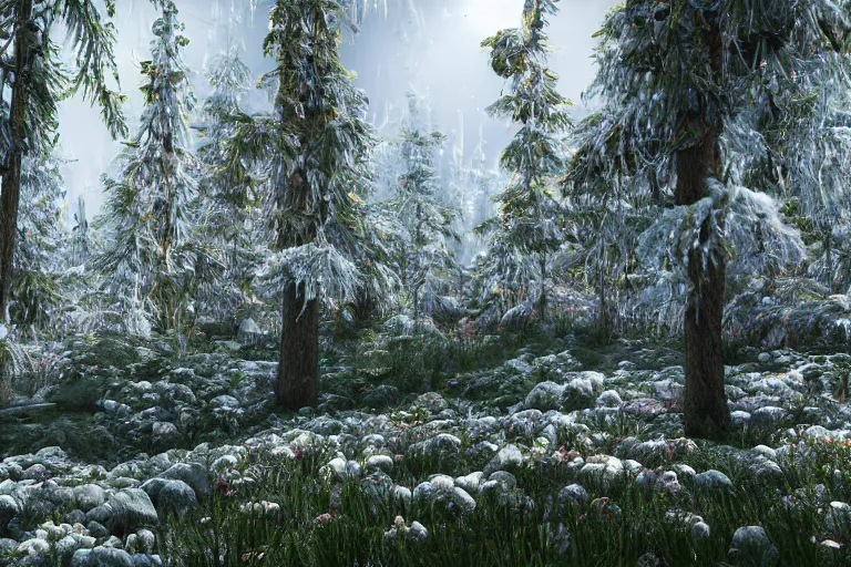 Prompt: crystallized forest with gilded trees and jeweled flowers by unreal engine, photorealistic