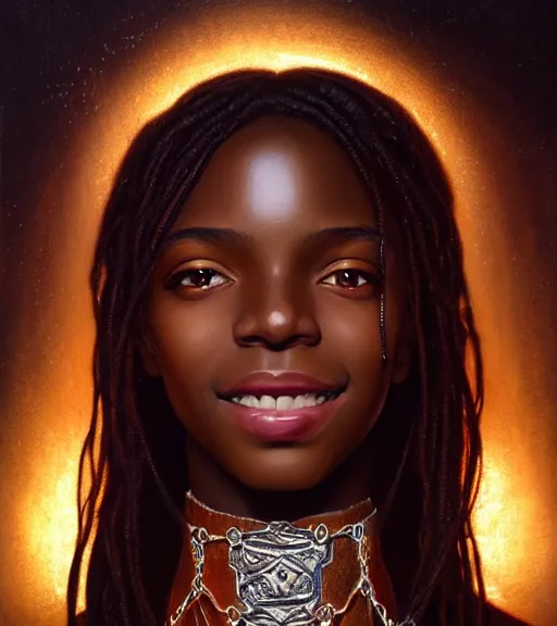 Prompt: portrait of haitian teenage aphrodite, wicked smile, wearing leather coat, onyx bracelets, intricate, elegant, sparkling dark jewelry, glowing lights, highly detailed, digital painting, artstation, concept art, smooth, sharp focus, illustration, art by wlop, mucha, artgerm, and greg rutkowski