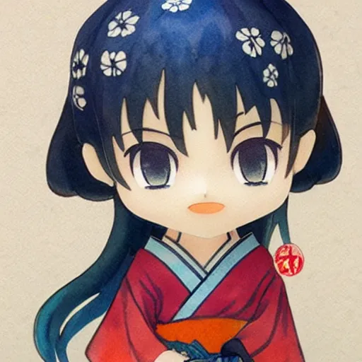 Image similar to beautiful water color concept art of face detailing cute nendoroid girl in the style of ukiyoe , toon rendering, close-up, no shade, modern art