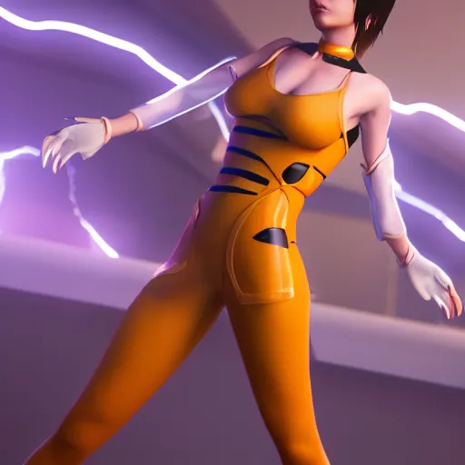 Image similar to tracer in a skintight dress, 4 k post - processing highly detailed, trending on artstation, cinematic lightning, volumetric lightning, highly detailed, extreme detail, full details, octane render, unreal engine 5, rendered by octane engine, cgsociety - s 1 5 0