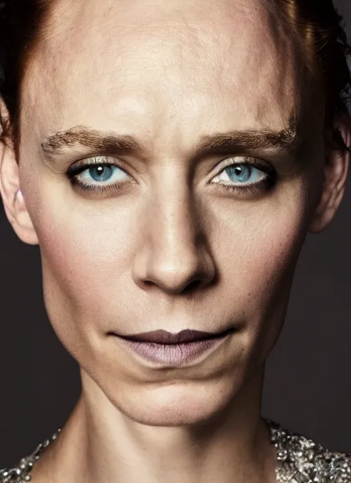Prompt: portrait of beautiful female tom hiddleston by mario testino, headshot, detailed, award winning, sony a 7 r
