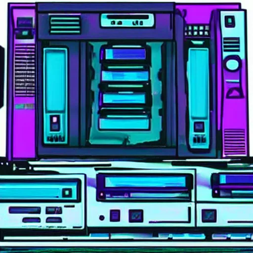 Image similar to A computer from the 90s in the style of vaporwave