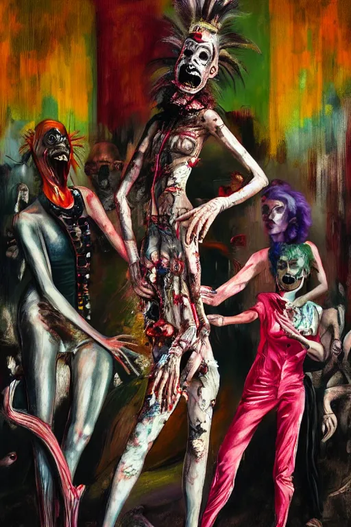 Image similar to crazy fashion catwalk, freak show, crazy clothes, biopunk style, horror, hauntingly surreal, highly detailed painting by francis bacon, edward hopper, adrian ghenie, gerhard richter, and james jean soft light 4 k,