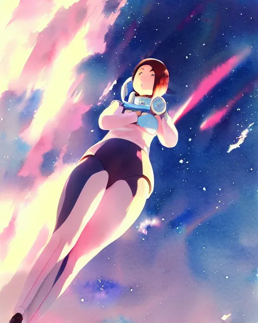 Image similar to oriental water color of a cute thicc astronaut woman, floating through space, backlit, by makoto shinkai and krenz cushart