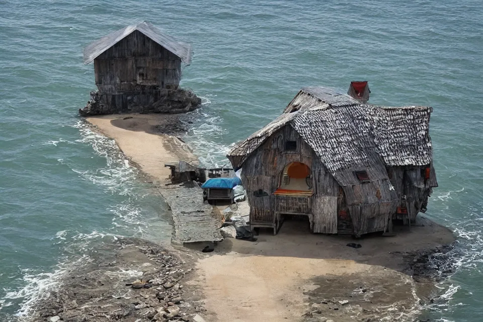Image similar to seashell shaped house where the lone fisherman lives, in the style of ruan jia