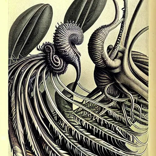 Prompt: hyperrealistic detail art of cthulhueqsue lovecraftian beaks tentatcles feathers grasses big eyes grotesque yet cute creatures by james audubon ernst haeckel