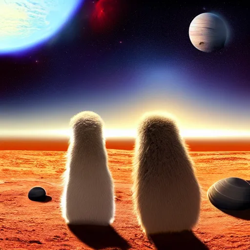 Image similar to cute fluffy aliens watching ringed planet rise over the horizon of cratered landscape with galaxy background detailed oil painting 4 k